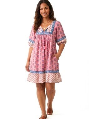 Puff-Sleeve Printed Mini Swing Dress size M #0216